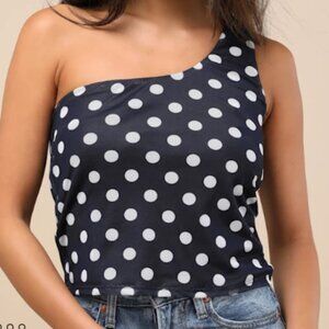 Saskia Navy Polka Dot Mesh One-Shoulder Top Lulus - MEDIUM